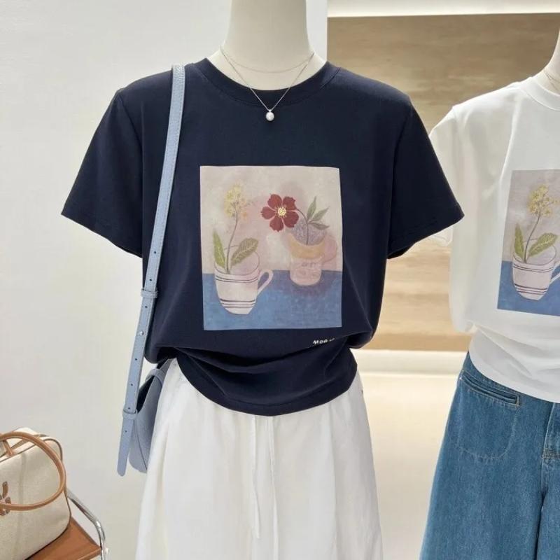 Women's Artistic Floral Print Tee Crew Neck Short Sleeve Loose Fit Casual Summer T-Shirt