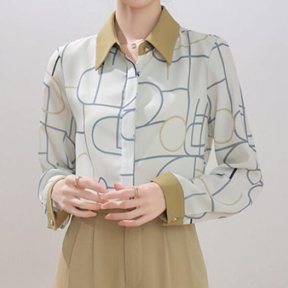 Navava Unisex Vintage Printing Pattern Long Sleeve Collar Shirt Nb2422