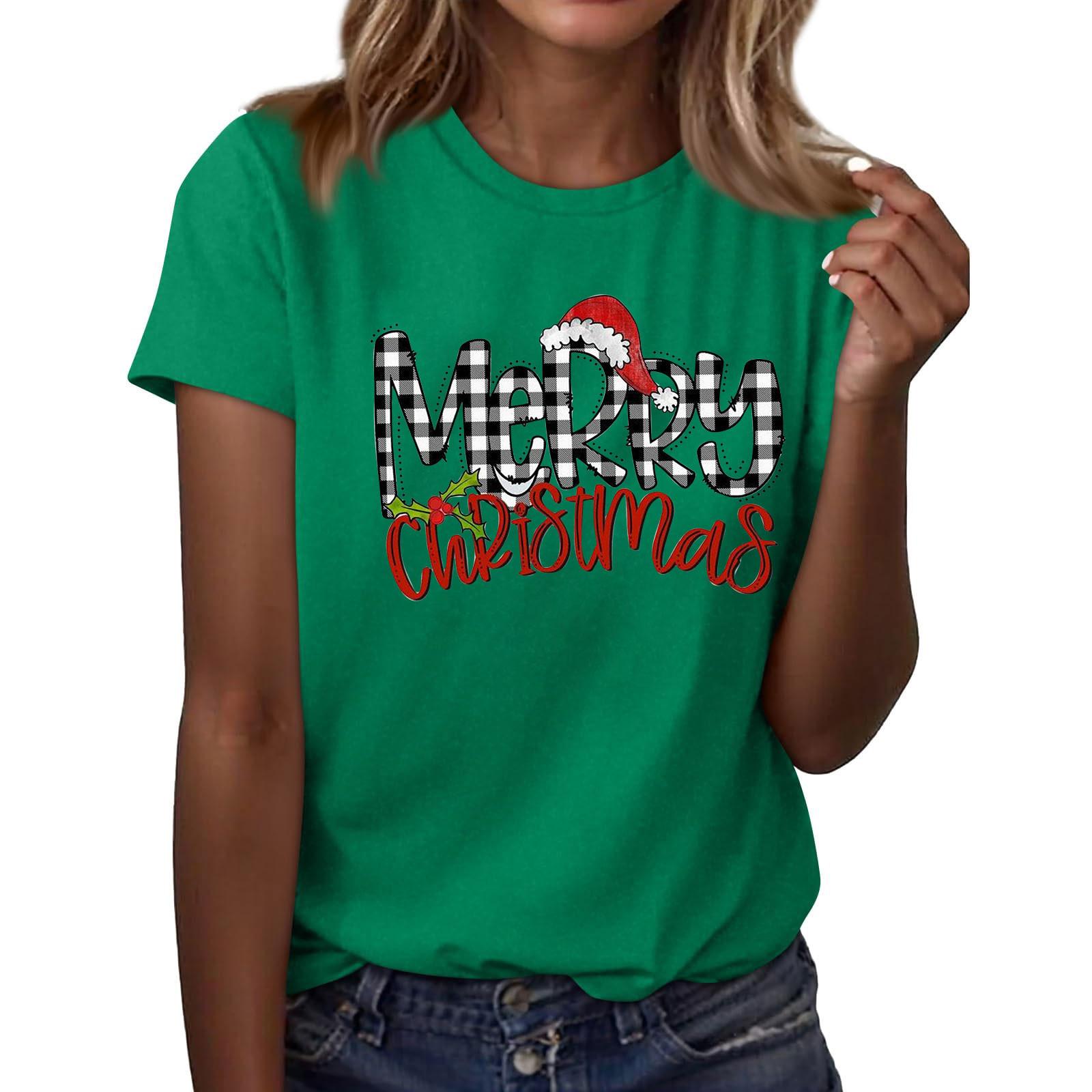 

Женская мода повседневный рождественский принт короткий рукав свободный круглый вырез пуловер топ M зелёный