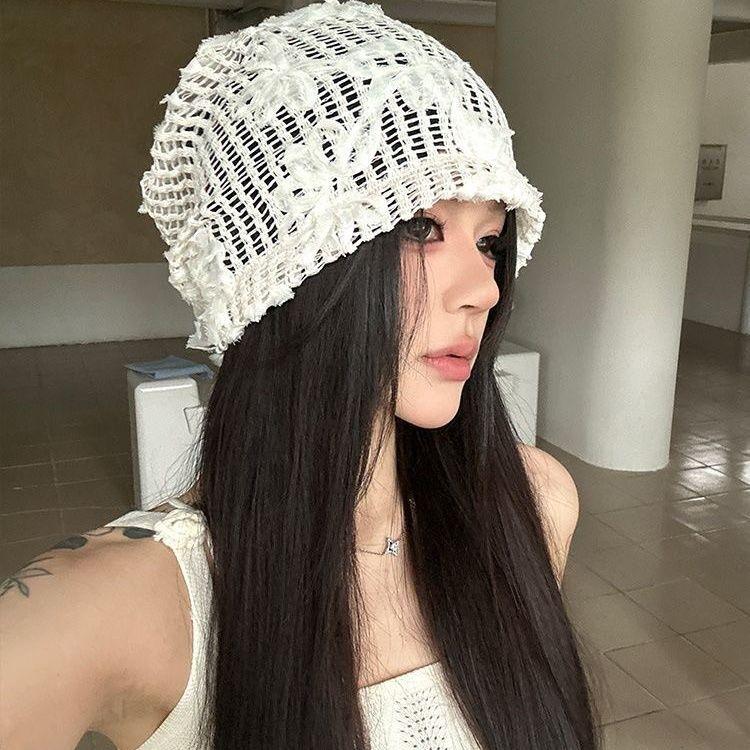 Women's Floral Hollow Slouchy Hat Spring Summer 3D Thin Breathable Korean Style Fashionable Cap