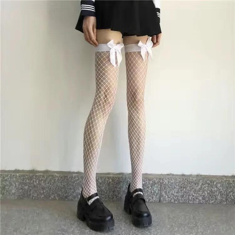 Sexy Overknee Long Socks Women Sweet Girls Lolita Bowknot Thigh High Fishnet Stockings Gothic Punk Lace Mesh Legging