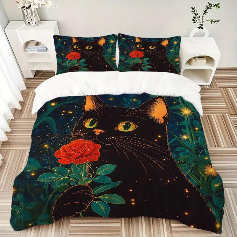 3pcs Rose and Attractive Black Cat Print Bedding Set (1 Cover + 2 Pillowcases, Without Inserts), This Printed Bedding Set is Soft and Comfor