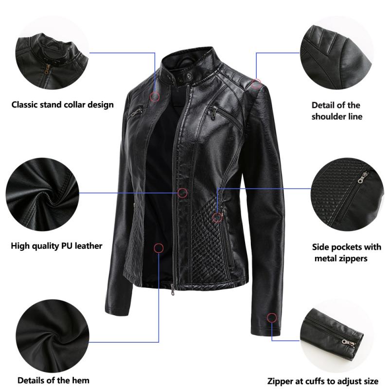 Women Casual Leather Jacket Rock Punk Motorcyclist Streetwear Autumn Stand-up Collar Slim Solid Female Leather Jackets