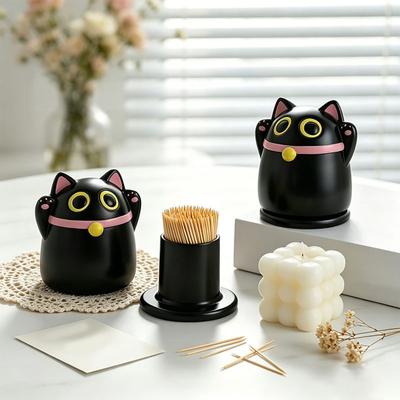Black Fortune Cat Toothpick Holder Large Capacity Dust-Proof Covered Toothpick Storage Box Kitchen Toothpick Dispenser Container with Lid