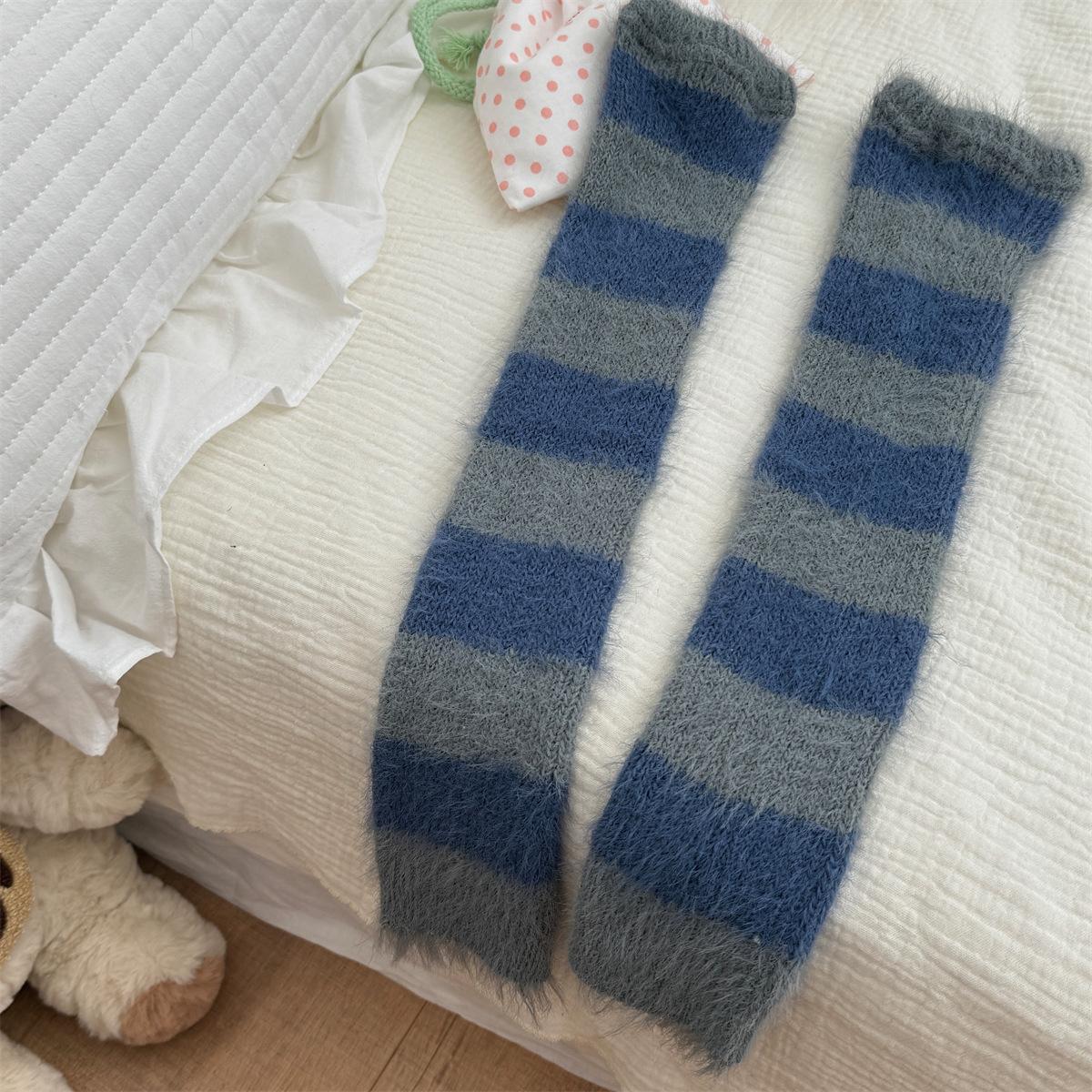 

Комплект полосатых носков из искусственной норковой шерсти, комплект для ног с начесом, теплые носки до икры для осени и зимы 1 pair серый/темно-синий