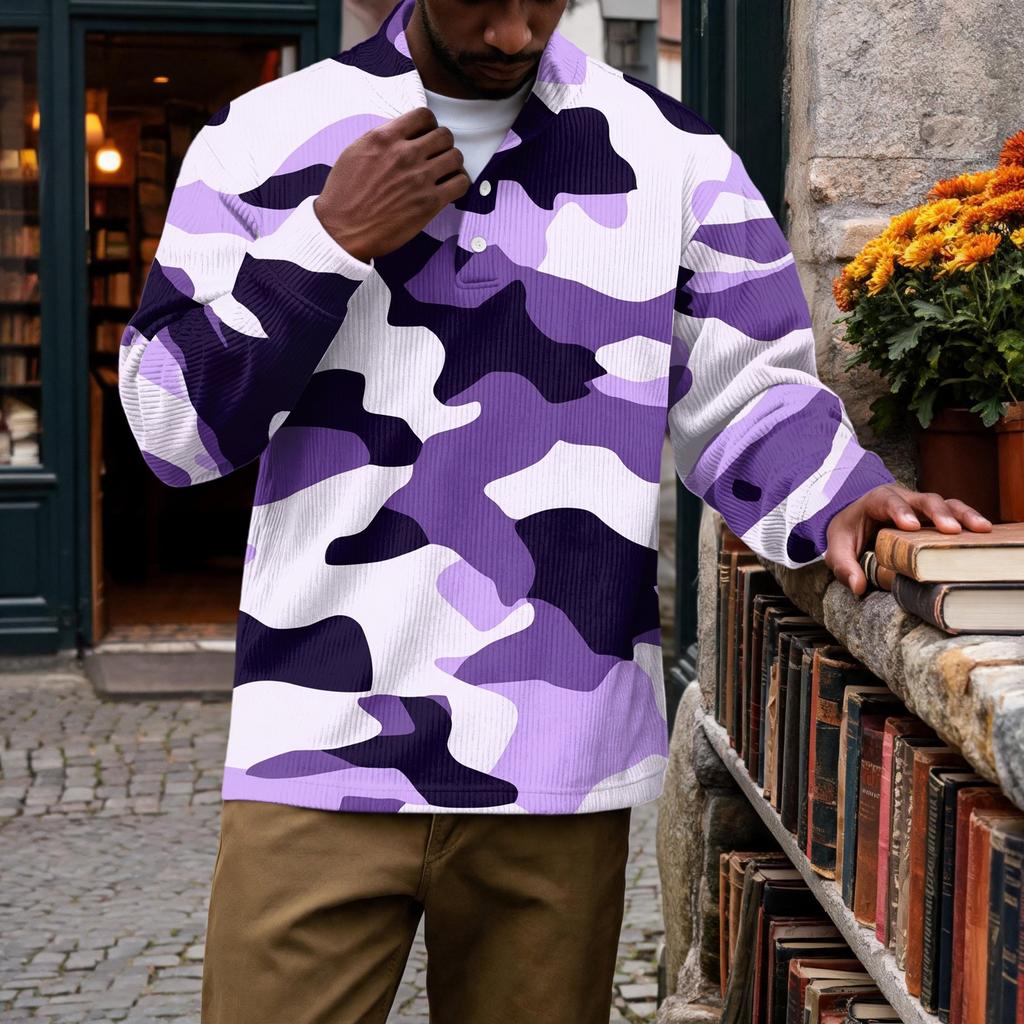 Men's Vintage Corduroy Printed Quarter-Zip Pullover with Stand Collar and Pocket, Long Sleeve Casual Top