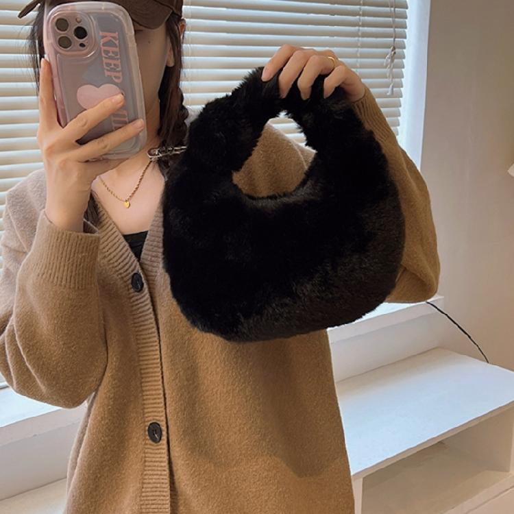 Faux Furs Shoulder Bag with Tie Zipper Casual Shoulder Bag Half Moon Purse Bag