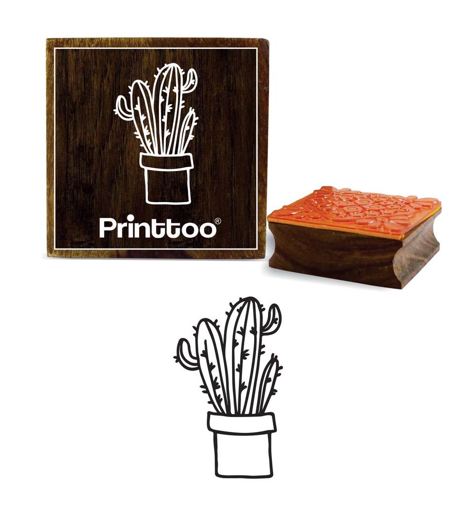 Printtoo Craft-booking Doodle Potted Cactus Plant Design Square Wooder Rubber Stamp-2 x 2