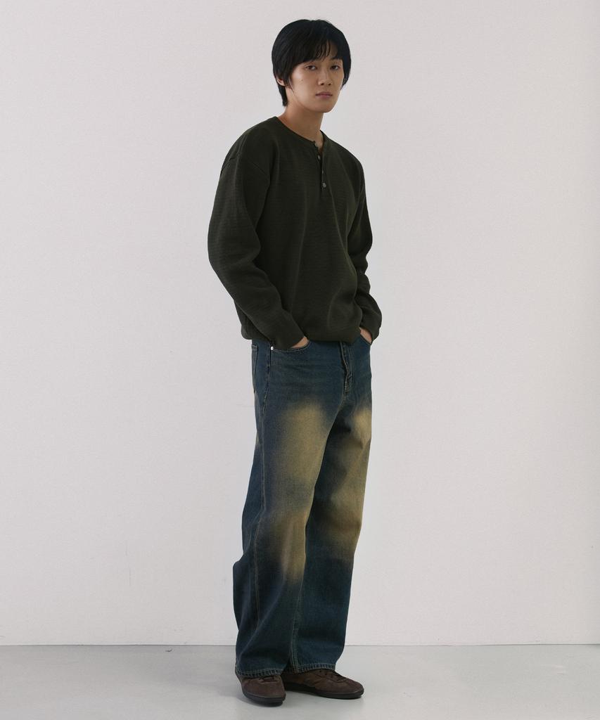NODU Drain Henley Neck Knit [Khaki]