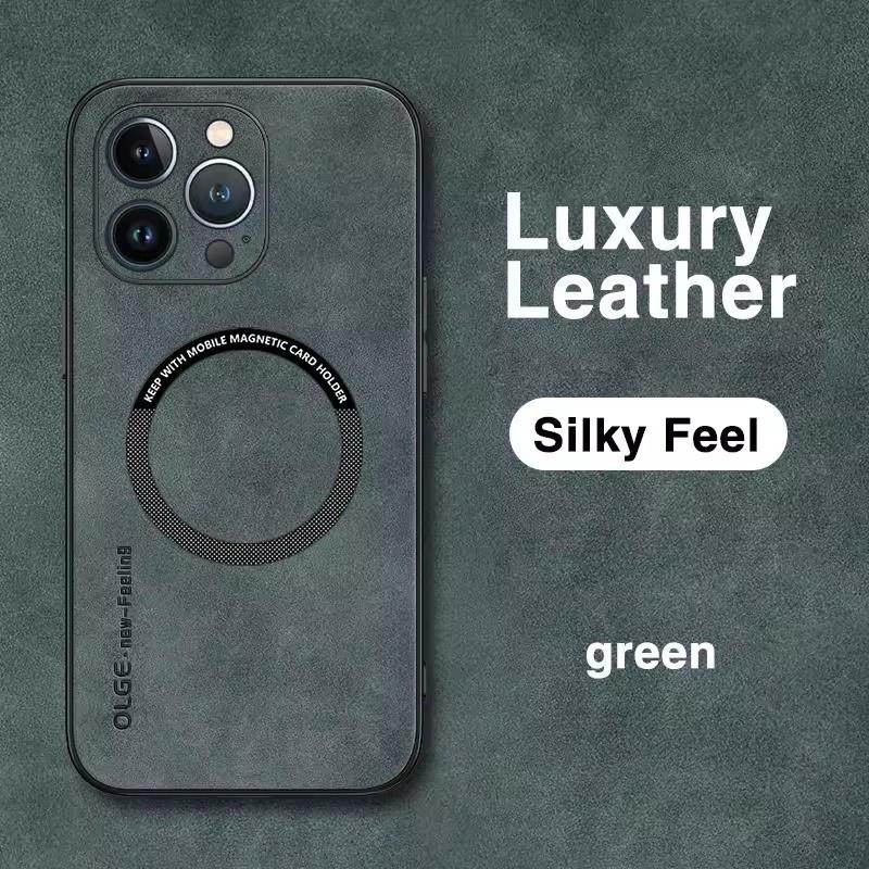 

Роскошные кожаные противоударные чехлы для телефонов Magsafe для iPhone 17 16 15 14 13 12 11 Pro Max 16e Plus Магнитная крышка для беспроводной зарядки iPhone 17 Pro Max зелёный