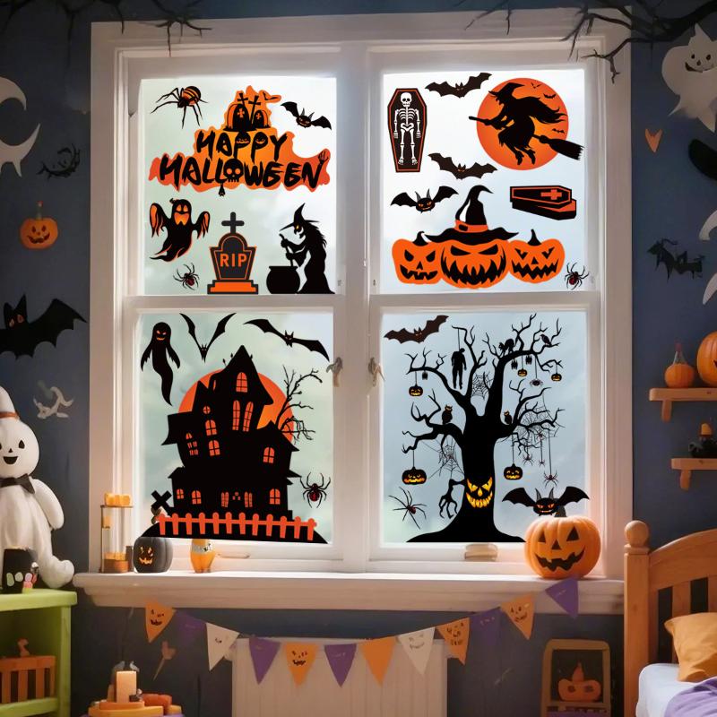 Halloween Window Sticker Pumpkin Witch Bat Castle Pattern Wall Stickers Halloween Decals