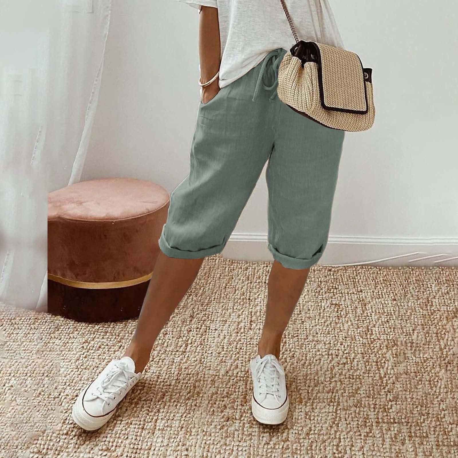 

Женские льняные шорты, повседневные шорты с высокой талией, шорты на шнурке с карманами S зелёный