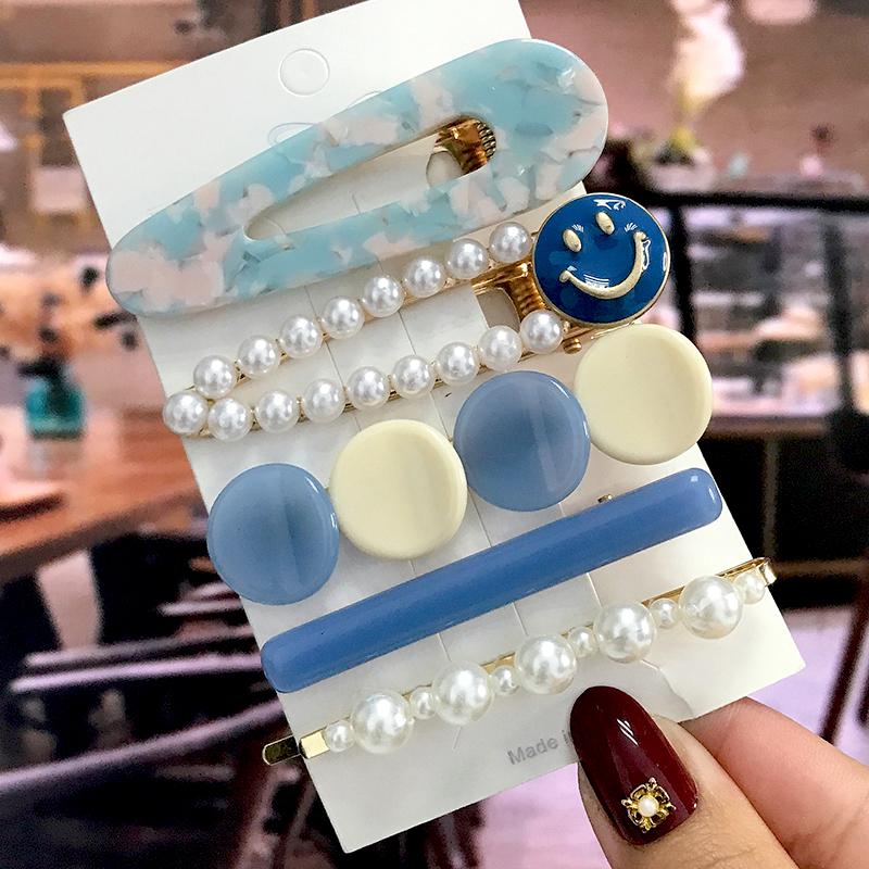 5Pcs/Set Fashion Smiley Pearl Hair Clip For Women Girl Geometric Acetate Barrettes Hairpin Headwear Hair Accessories  Trendy