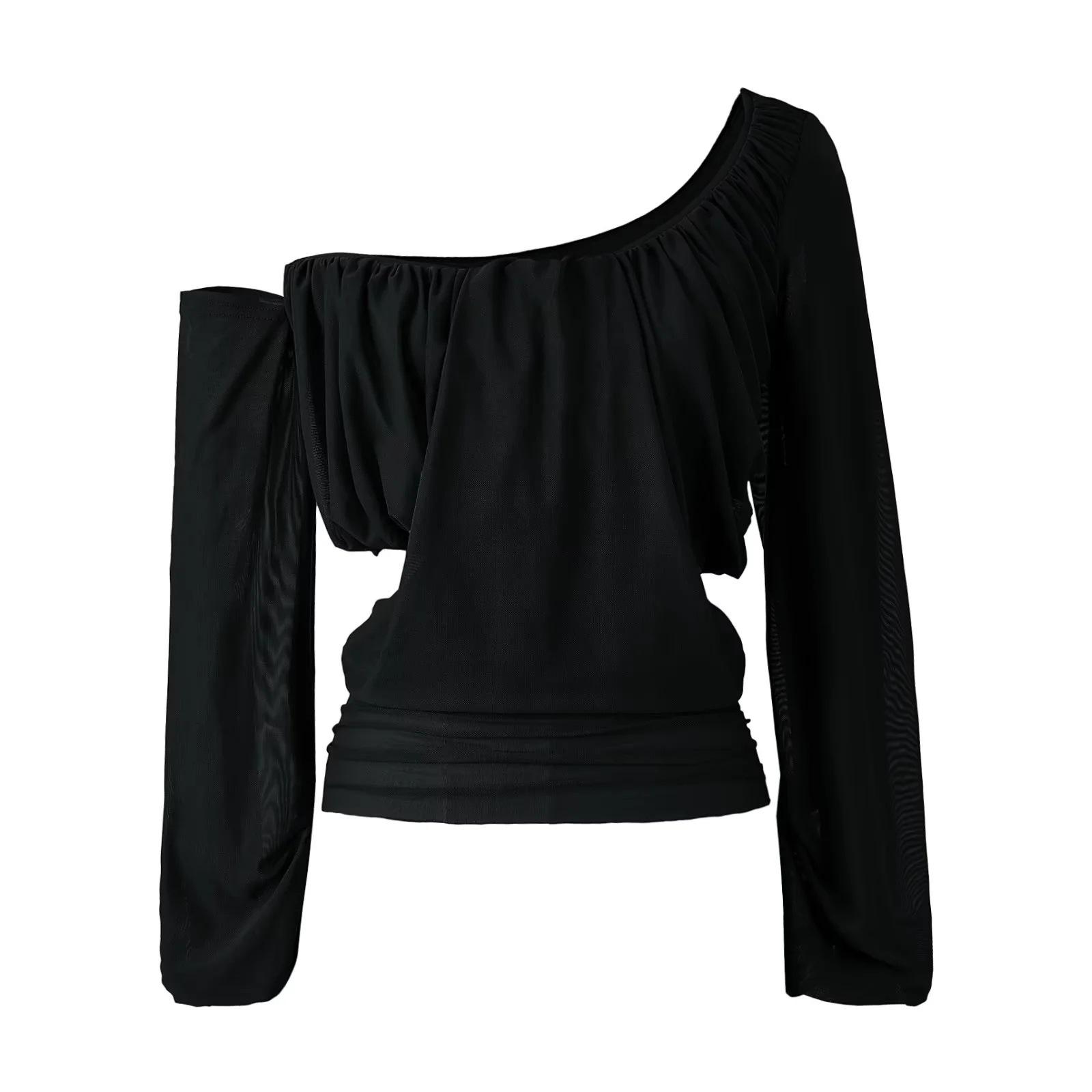 

Euro-American Style Mesh One-Shoulder Cut-Out Long-Sleeve Bodycon Top Medium чорний