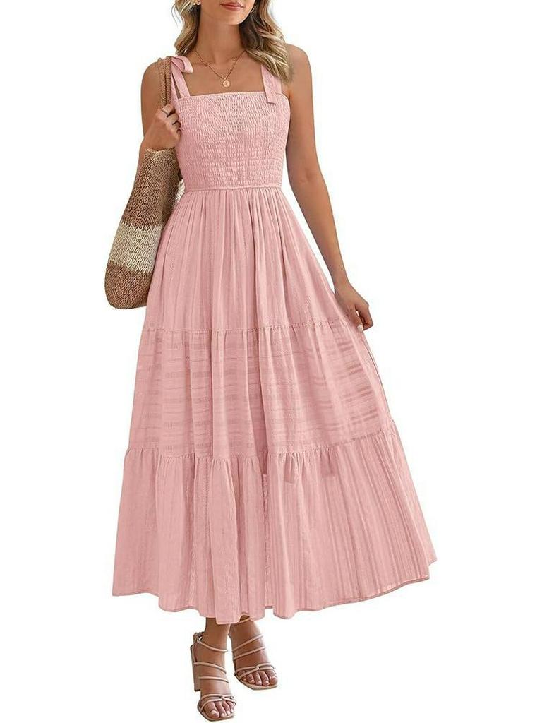 2026 European Summer Beach Pleated A-line Strappy Dress with Pockets