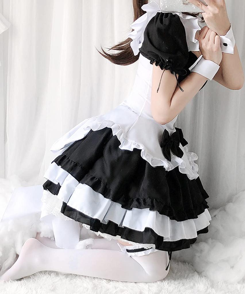 [Milky Time] Maid Costume Cosplay Dress, Puff Sleeves, Mini Length, Light Blue, Black and White (Includes Black and White Ribbon)
