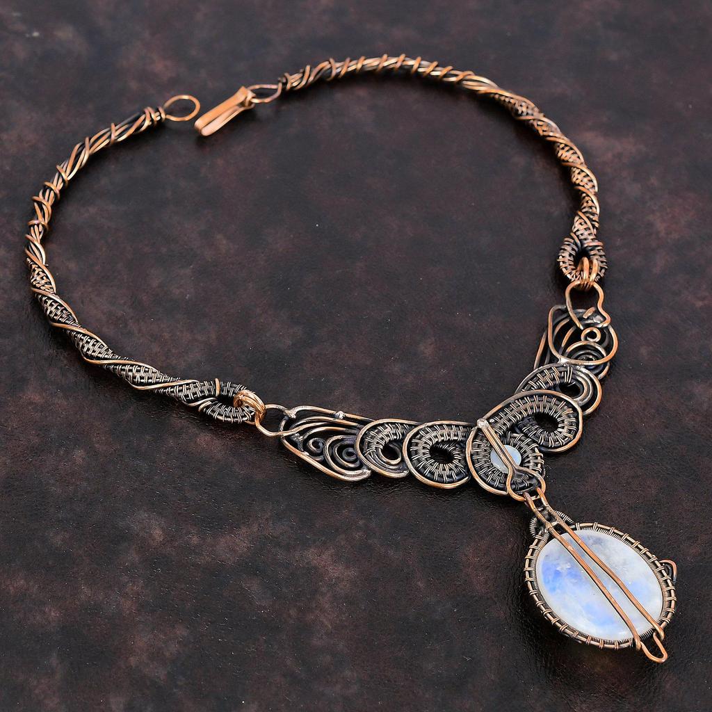 Rainbow Moonstone Necklace Copper Wire Wrapped Necklace Natural Gemstone Jewelry Handmade Elegant Necklace Copper Wire Jewelry Gift For Her