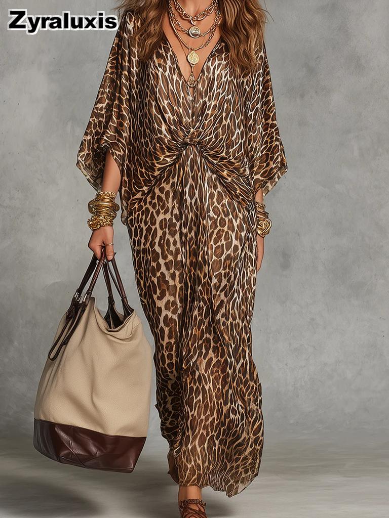 Leopard Print V-Neck Belted Maxi Dress for Women