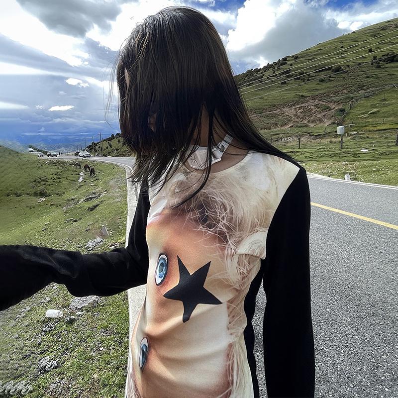 Y2k Chic Print T-shirt Grunge Aesthetics Long Sleeve Patchwork Tops Japanese 2000s Punk Streetwear Retro