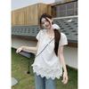 French Design Lace-up Bubble Sleeve Shirt Women's Summer Lace Loose Doll Shirt White Short-sleeved T-shirt Top