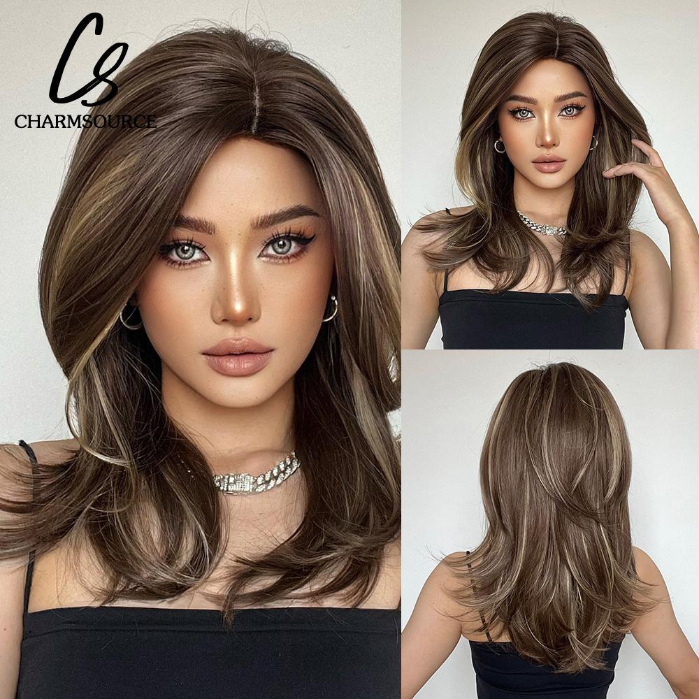 Natural Wavy Blonde Synthetic Wigs Medium Length Layered Hair with Side Bangs for Women Daily Party Cosplay Heat Resistant Fiber