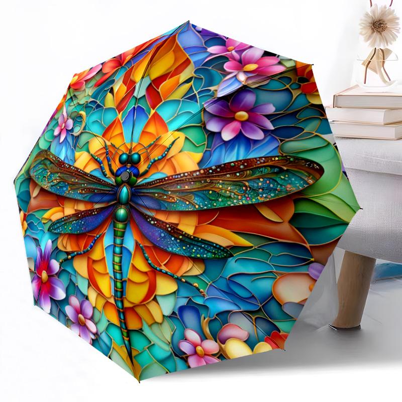 1 szt. Automatyczna parasolka z funkcją składania, projekt Art Nouveau z ważką, składana parasolka z 8 żebrami, kompaktowy design, idealna na przygody na świeżym powietrzu Y8