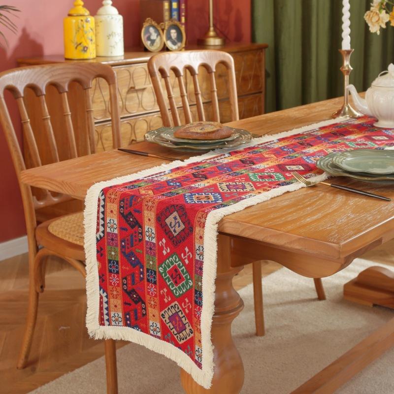 Vintage Jacquard Quasten Tischläufer Creme mit Buntem Vogel & Blatt Perfekt für Esszimmer- oder Schlafzimmerdeko, Ganzjahresgebrauch, Esstischdekoration