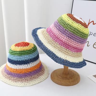 Chapeaux d'été pour femmes Chapeau de soleil Couleur arc-en-ciel Chapeau seau en paille Protection solaire Extérieur Voyage Plage Décontracté Style Bohème 2025 Nouveau chapeau de soleil
