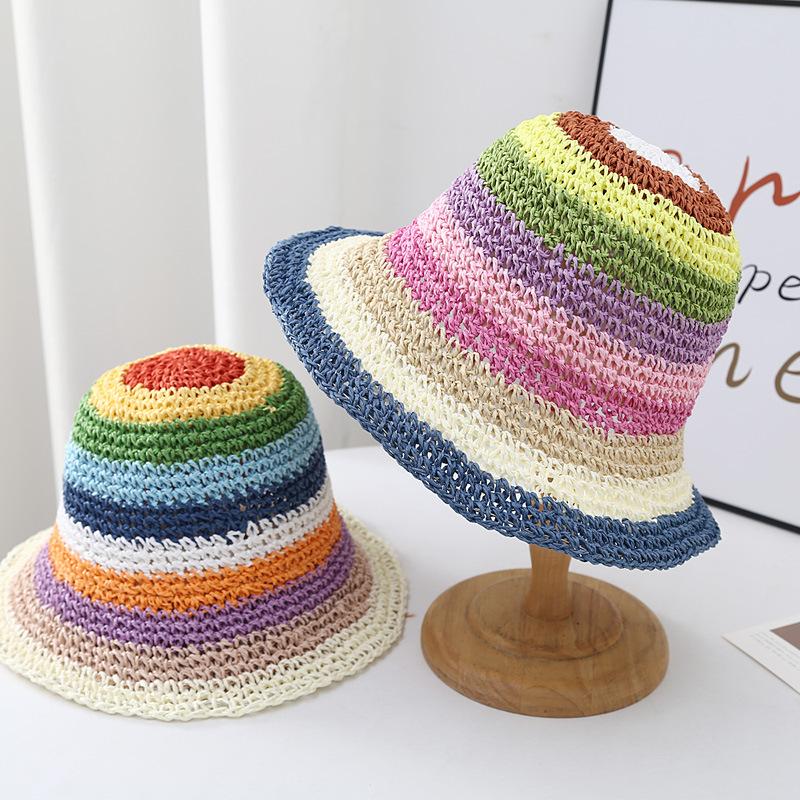 

Summer Hats For Women Sun Hat Rainbow Color Straw Bucket Hat Sunscreen Outdoor Travel Beach Casual Bohemia Style 2025 New Sunhat 56-58cm