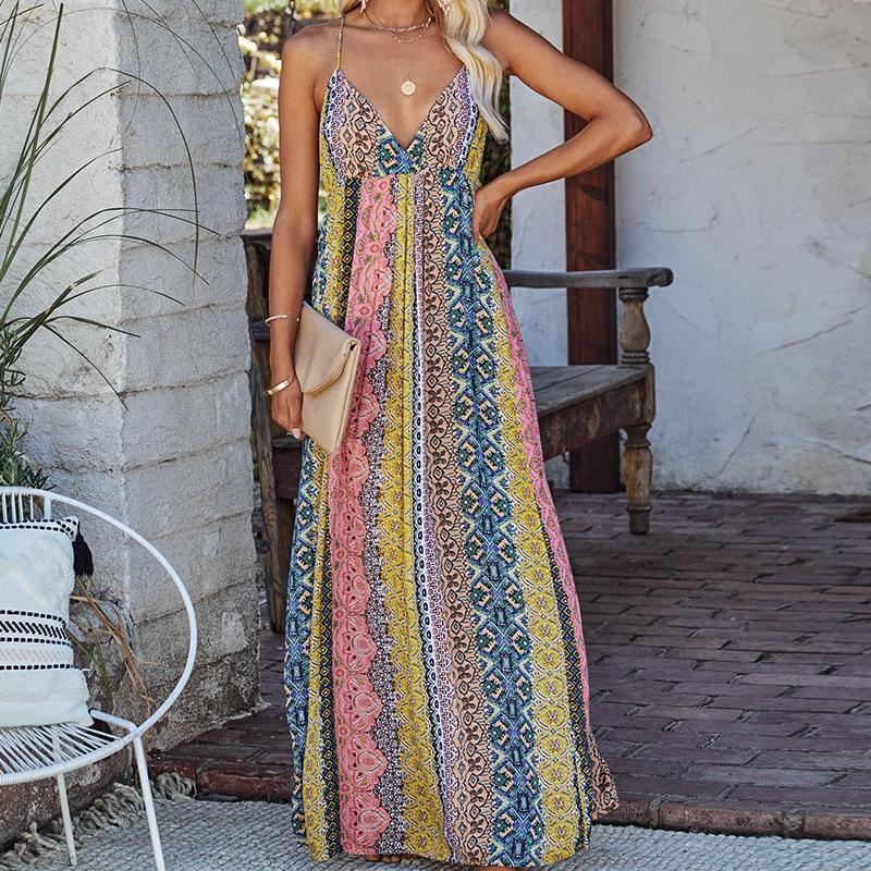 2026 Summer V-Neck Floral Spaghetti Strap Maxi Dress, Women's Backless Design