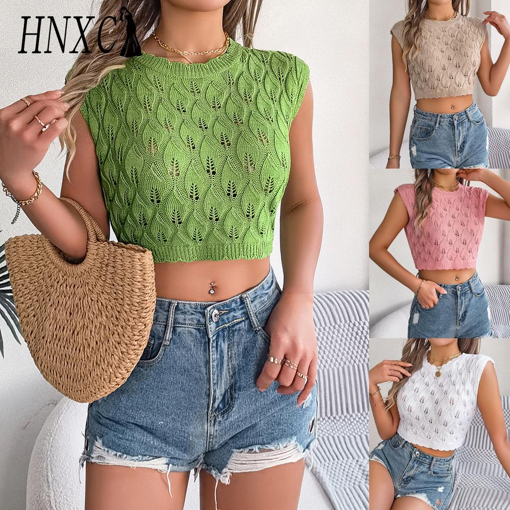 HNXC Spring Summer Hollowed-out Leaf Crop Crop Knit Top for Women's Vacation