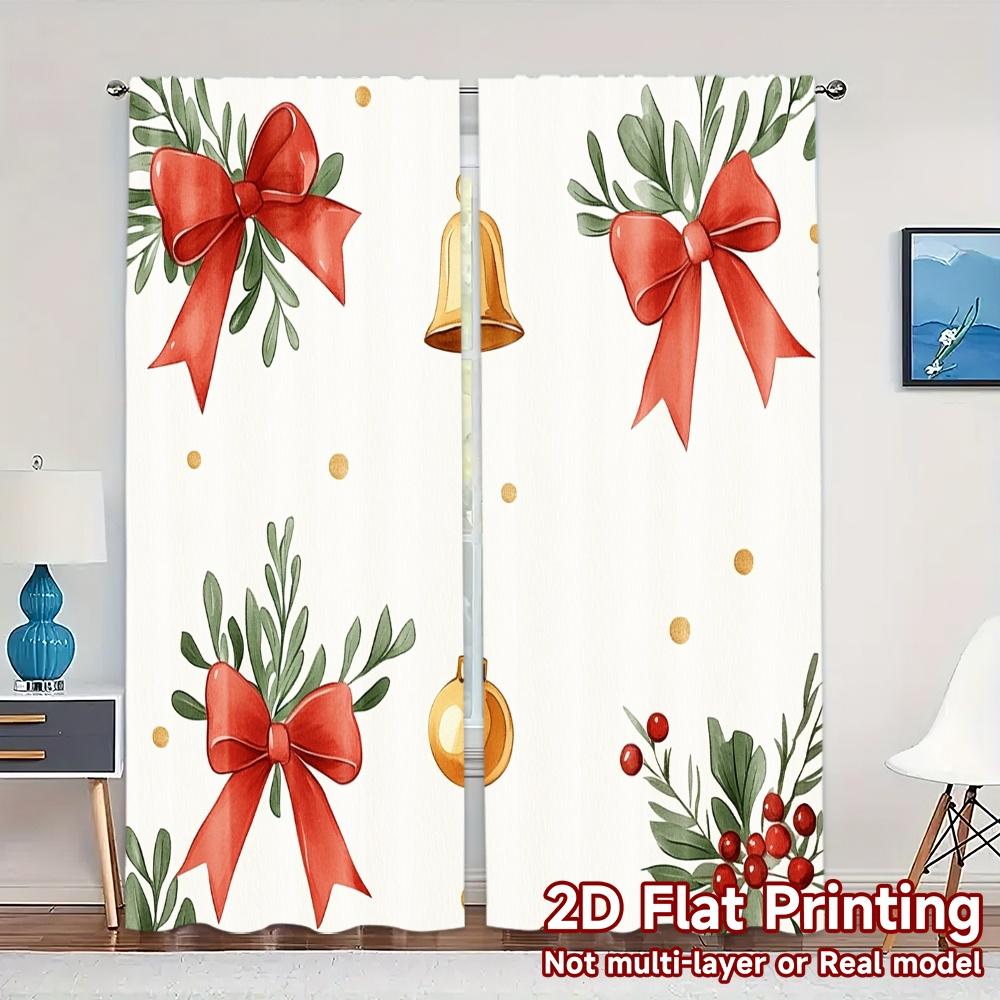 2pcs,Curtains Christmas Bells Ornaments Leaves Bows (2) Chic Curtains&Drapes Polyester Easy Install Curtains Gifts Decorative
