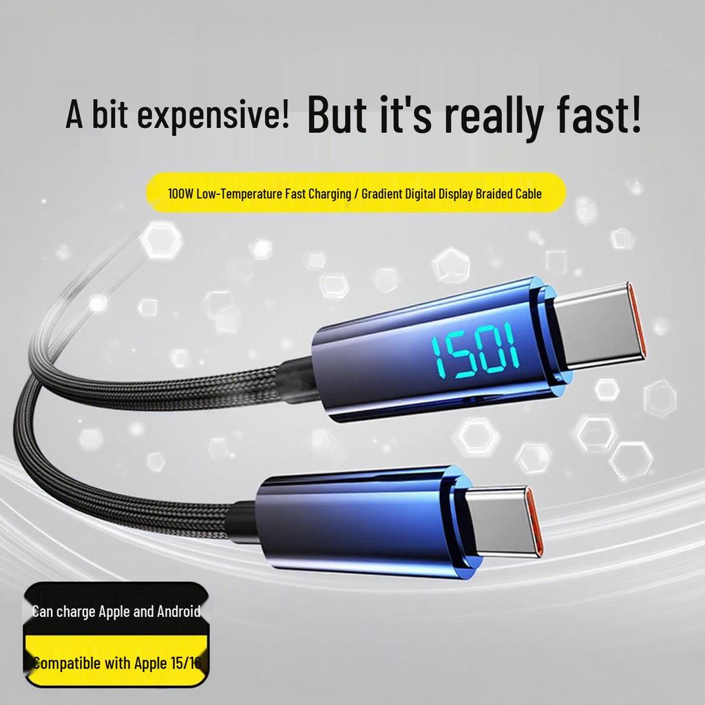 Gradient Braided Dual Type-C Fast Charging Cable with Digital Display for Huawei, Xiaomi, Vivo, Oppo, and Honor