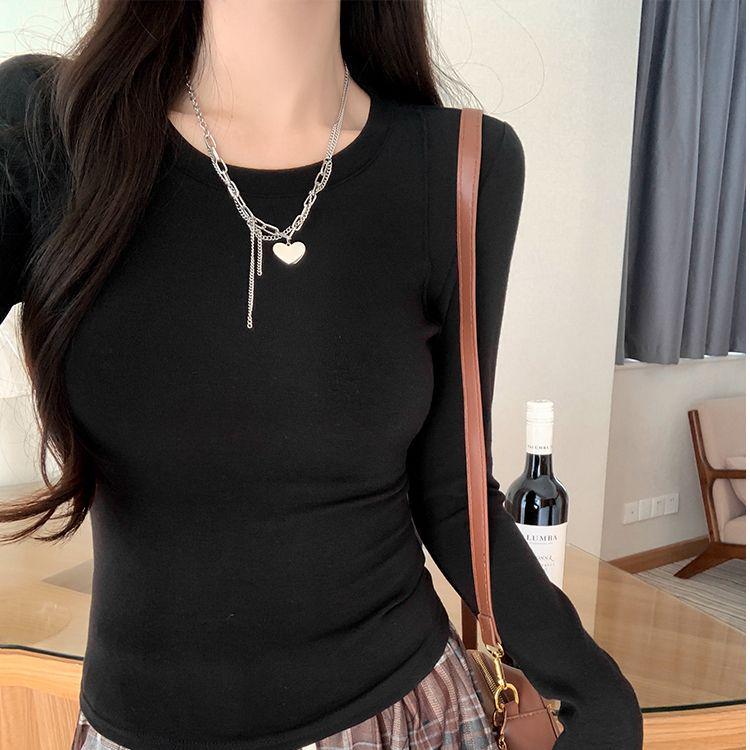 

Women s Slim Fit Plus Velvet Round Neck Long Sleeve T-Shirt for Spring, Autumn, Winter S белый