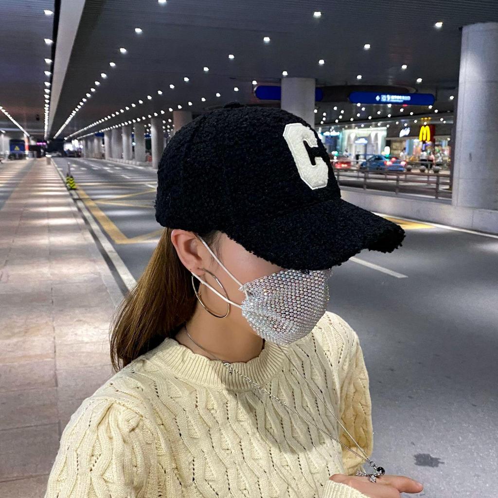 Women's Winter Lamb Wool Baseball Cap with Embroidered 'C', Duckbill Brim, Korean Style