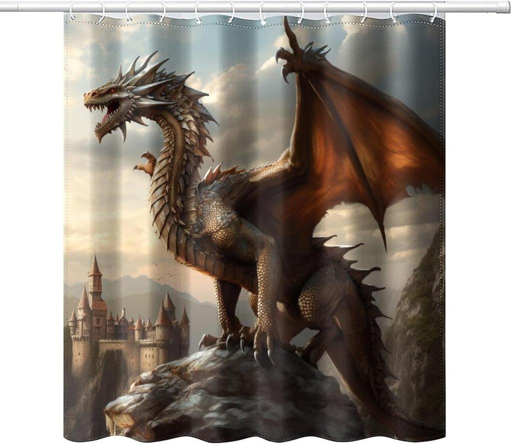 Cartoon Retro Dragon Shower Curtain Medieval Castle Shower Curtain, Fantasy Magic Dragon Retro Pattern Printed Boys Girls Teen