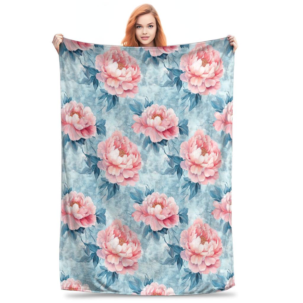 Blush Peonies On Sky Blue Background Blankets Flannel Sofa Throw Blanket for Couch Bedding Office Throws Bedspread Quilt