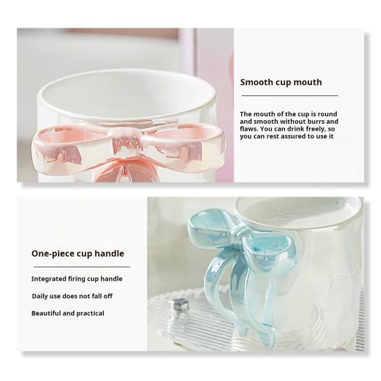 Ceramic Coffee Cup with Ribbon Handle 11.8oz Elegant Pink Bow Design Tea Cup Drinking Gift