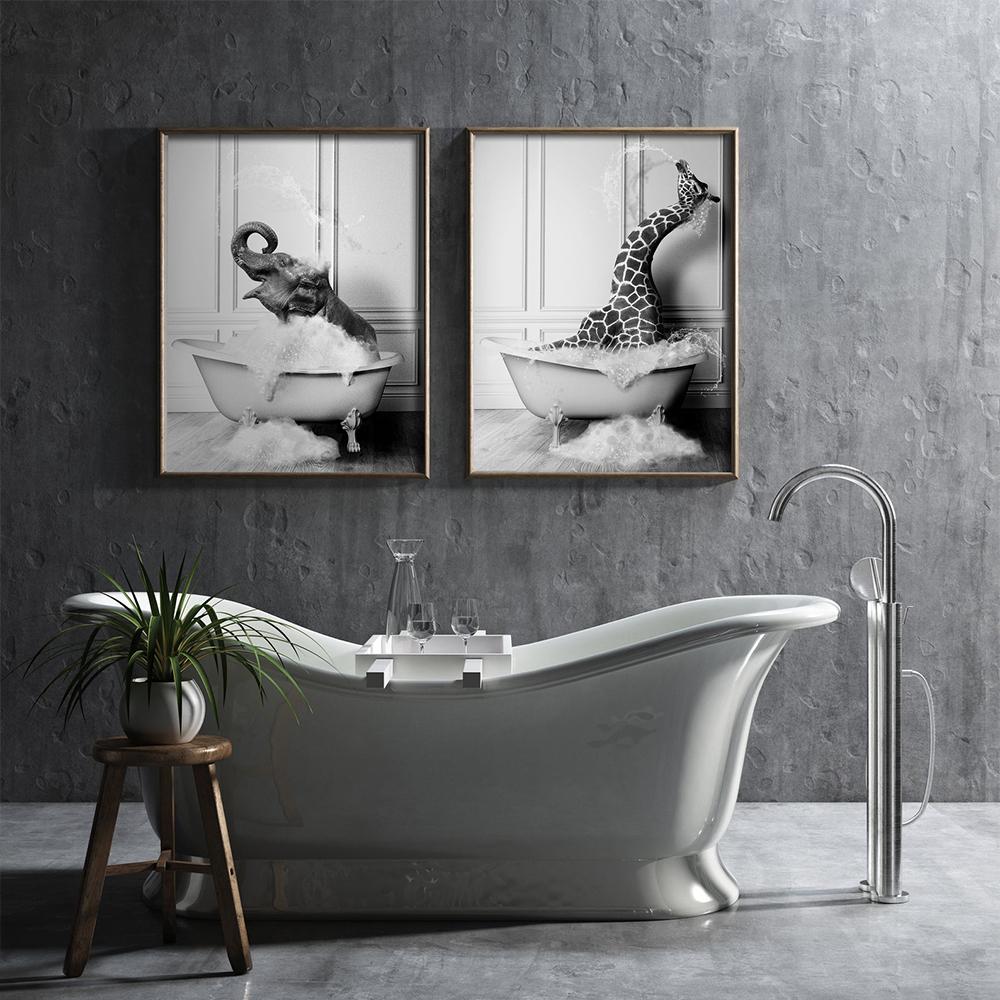 Black White Animals In Tub Canvas Posters and Print Penguin Elephant Zebra Giraffe Wall Art Painting Pictures For Bathroom Decor No Frame
