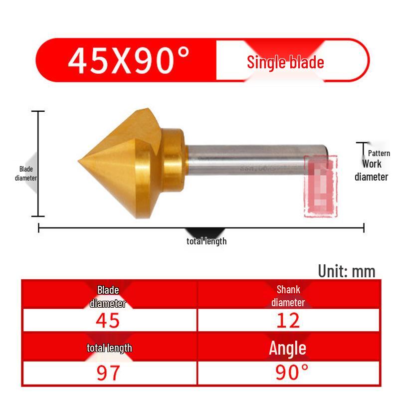 90° Titanium-Coated Chamfering Tool, Single/Three-Flute, 45° Countersink and Deburrer for Stainless Steel.