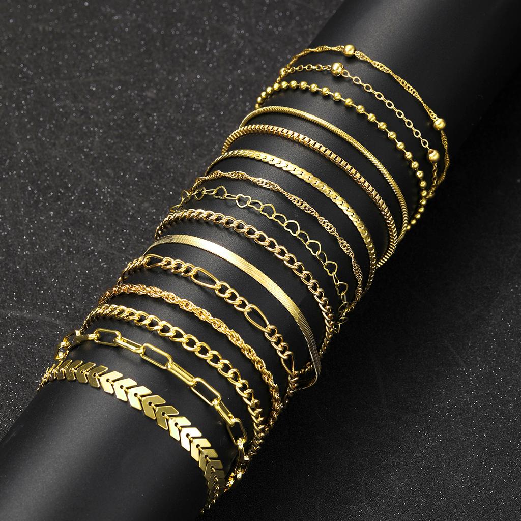 15 Stück Vintage Elegantes Goldfarbenes Herz Schlangenketten Armband Set Einfache Mehrfacharmbänder Für Frauen Mode Tägliches Tragen Schmuck Geschenk