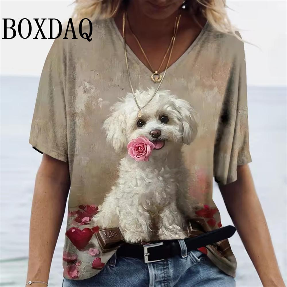 Cartoon T-shirt Women's Short Sleeve Summer Outdoor Casual V-Neck Short Sleeve Tops Oil Painting Puppy Print Plus Size Clothing