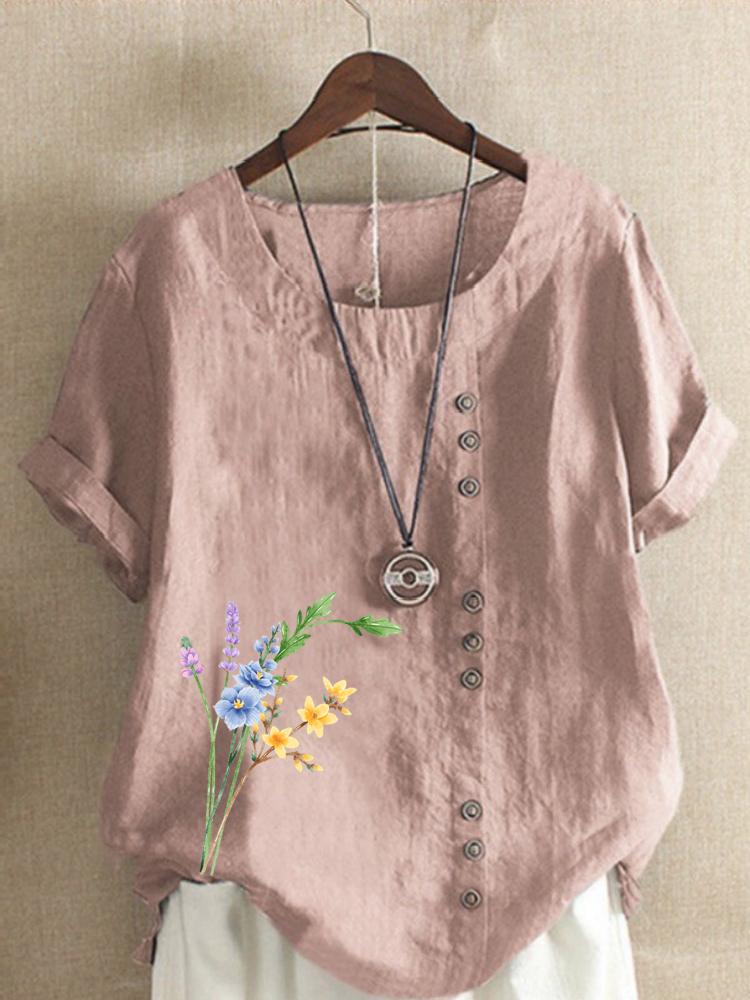 Women's Fashion Floral Print Casual Cotton Linen Short Sleeve Round Neck T-shirt Shirt Leisure Loose Summer Blouse Tops