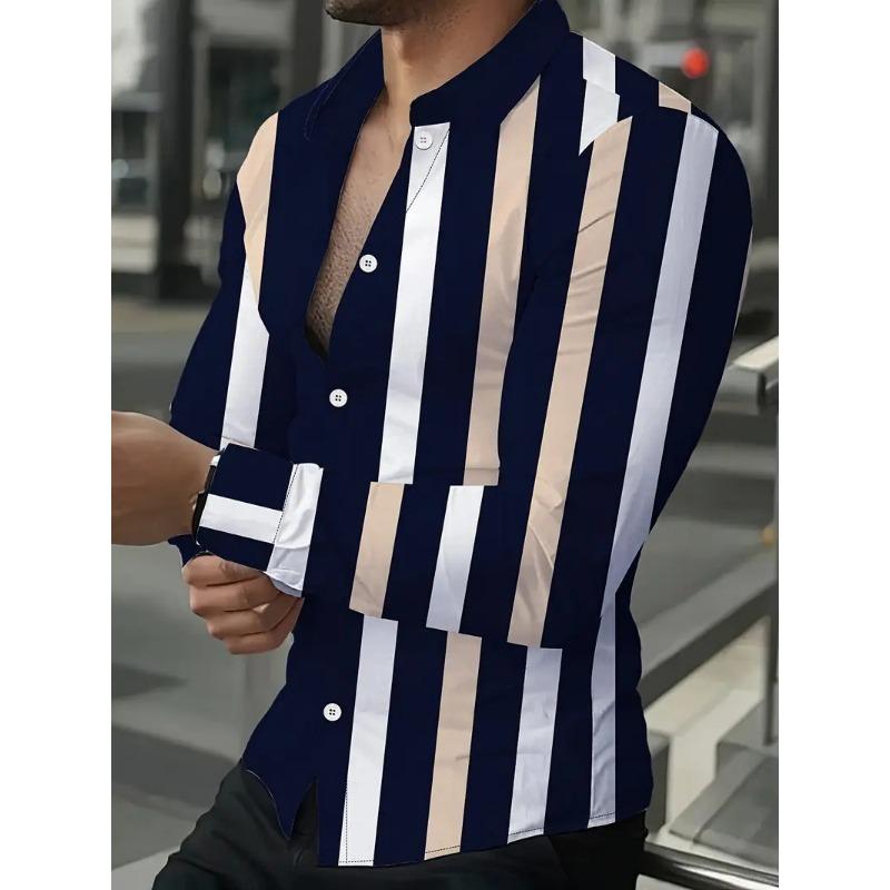 Men s Vertical Stripe Print Stand Collar Long Sleeve Casual Shirt S