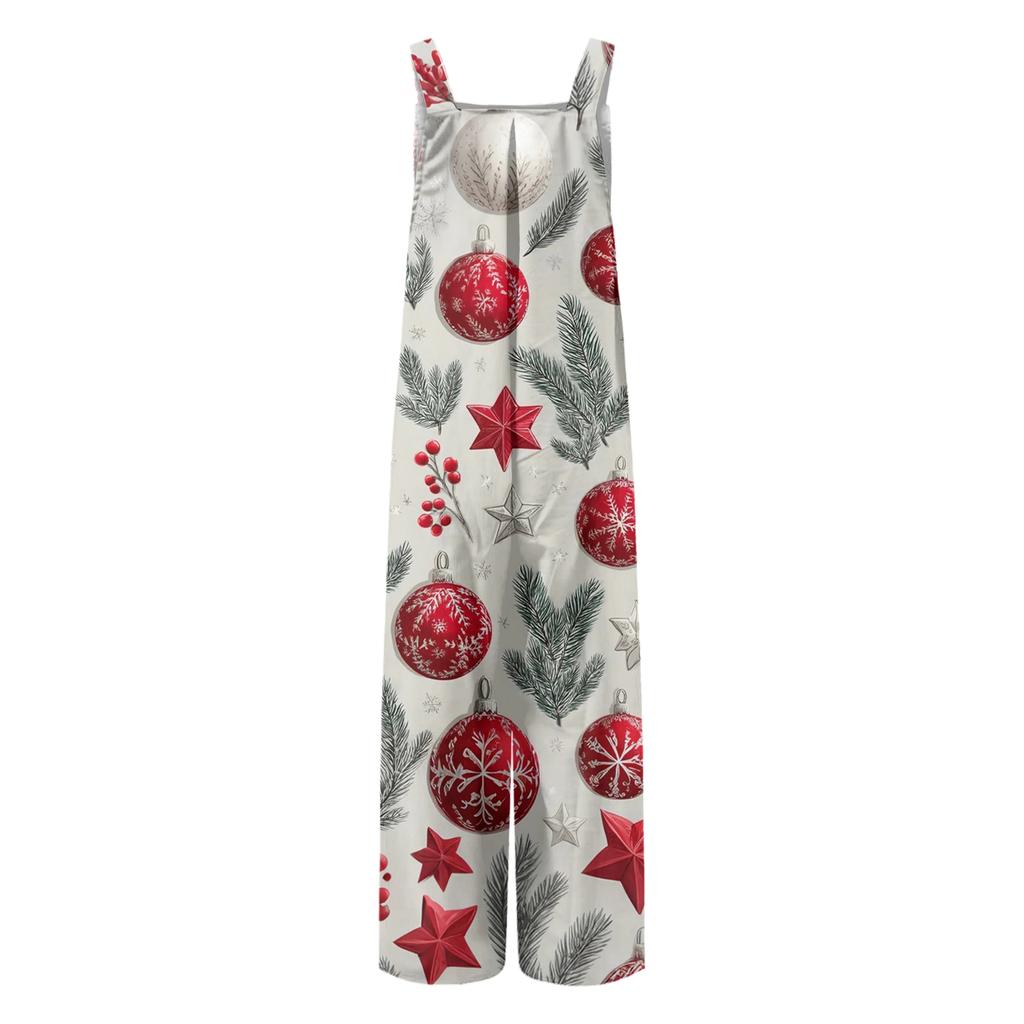 Women's Christmas Print Solid Wide Leg Strapless Tank Pocket Casual Onesie