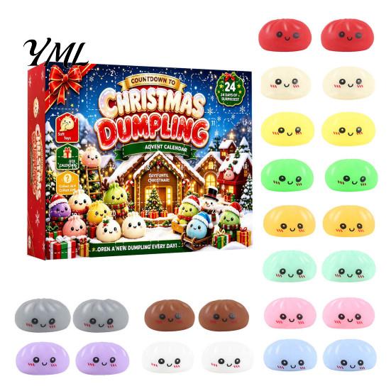 Christmas Party Favors Cartoon Dumpling Gift Box, Xmas Advent Calendar with 24 Stress Countdown Relief Squeeze Toys, Days Steamed Bun Toy Box