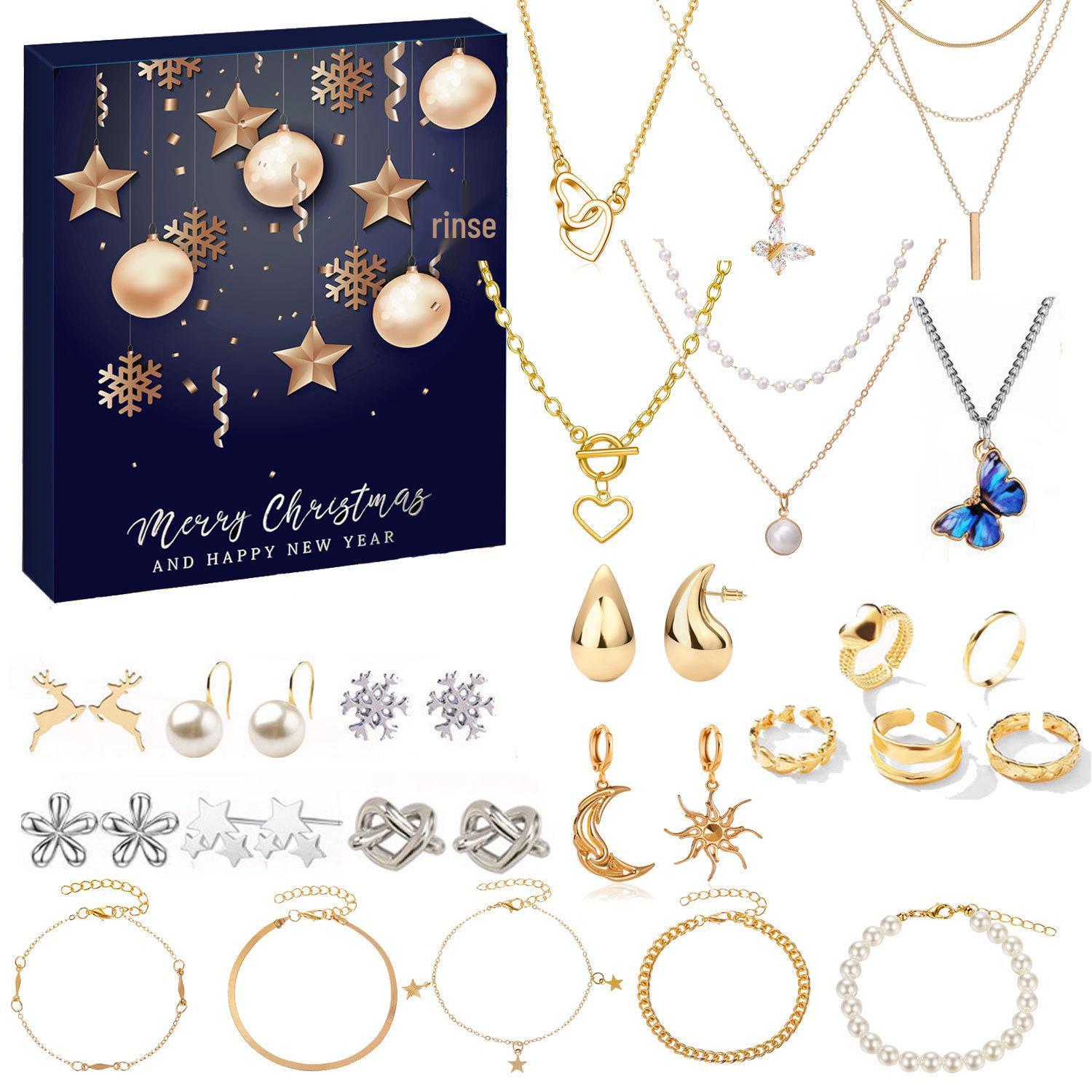 Adventsschmuck-Geschenkbox 2025: Adventskalender mit Ohrringen, Halskette und Armband für Frauen blue