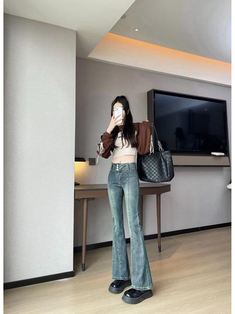 Washed Retro Micro-Flare High-Waisted Jeans for Women - 2024 Autumn Collection: Elastic, Distressed, Slimming, Tall-Looking Long Pants