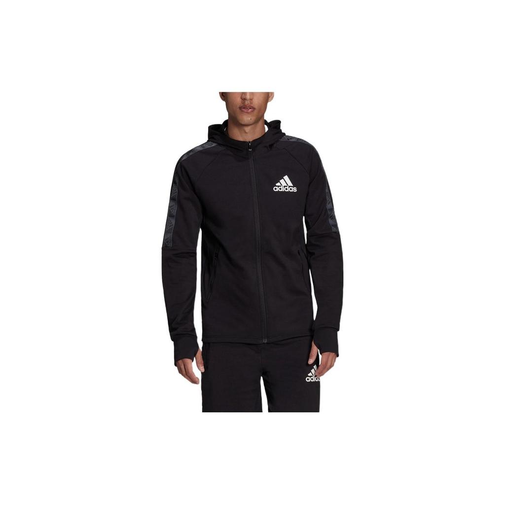 Adidas Logo Print Striped Zip Hoodie Jacket Men Jackets Black GV5302