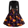 Abito casual da donna a maniche lunghe con scollo a V, stile vintage, con stampa di zucche di Halloween, stile retrò, gonna ampia, con cintura in vita per l'uso stagionale